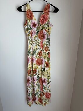 Floral V-Neck Maxi Dress in White with Pink & Coral Blooms